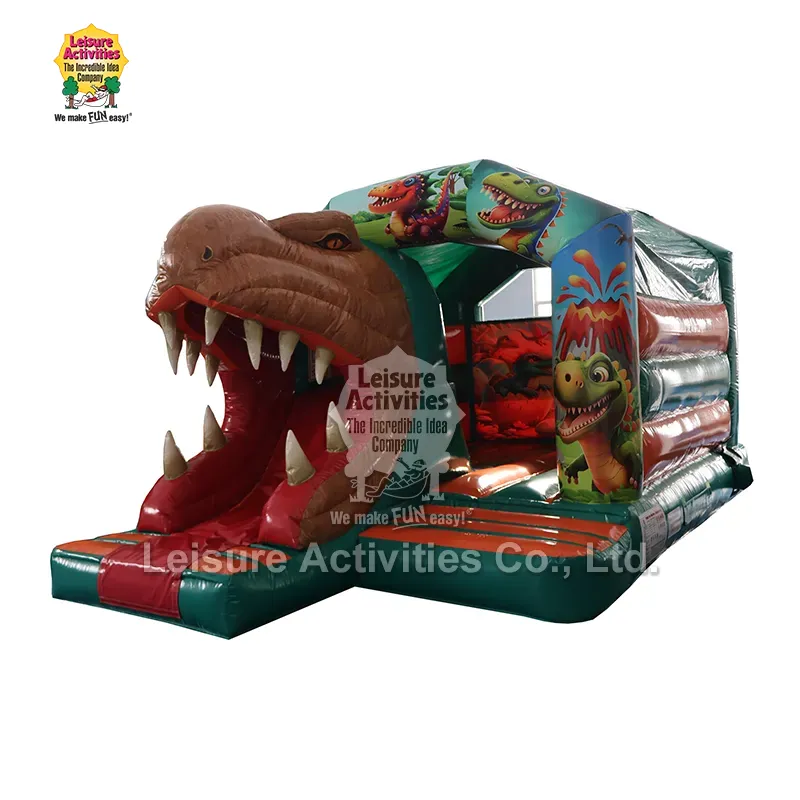 Малки надуваеми надуваеми замъци за много игри T-REX с пързалка Малки надуваеми надуваеми замъци за много игри T-REX с пързалка